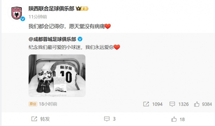  陜西聯(lián)合悼念去世小球迷：我們都會(huì)記得你，愿天堂沒(méi)有病痛