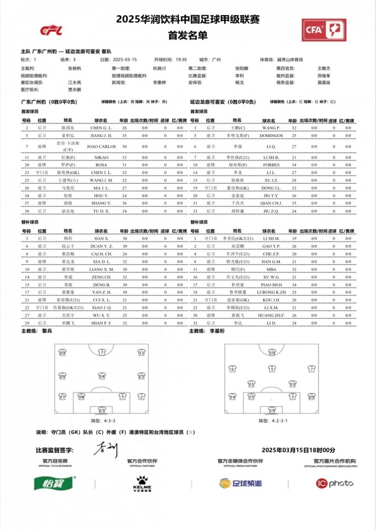  廣州豹vs延邊龍鼎首發(fā)：卡洛斯、羅薩、尼康三外援領(lǐng)銜廣州豹